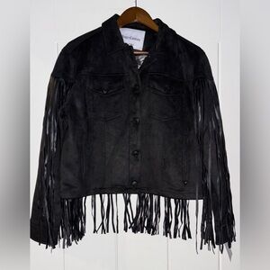 Juicy Couture Black Faux Suede Fringe Jacket NWT L Western Boho Trucker Style